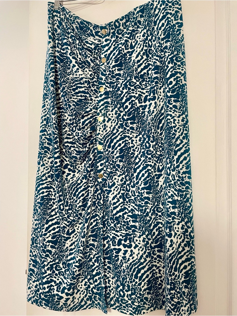Michael Kors Teal and White Printed Button-Front Midi Skirt, Size XL